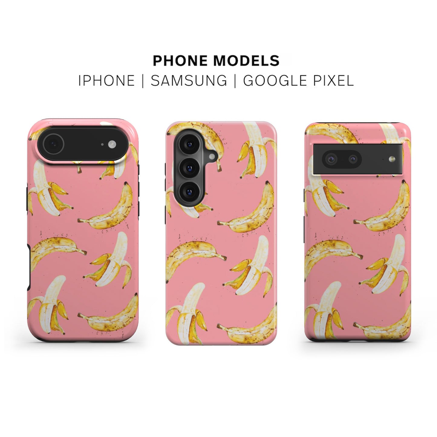 Phone case with banana pattern on a pink background for iPhone, Samsung, and Google Pixel models.
