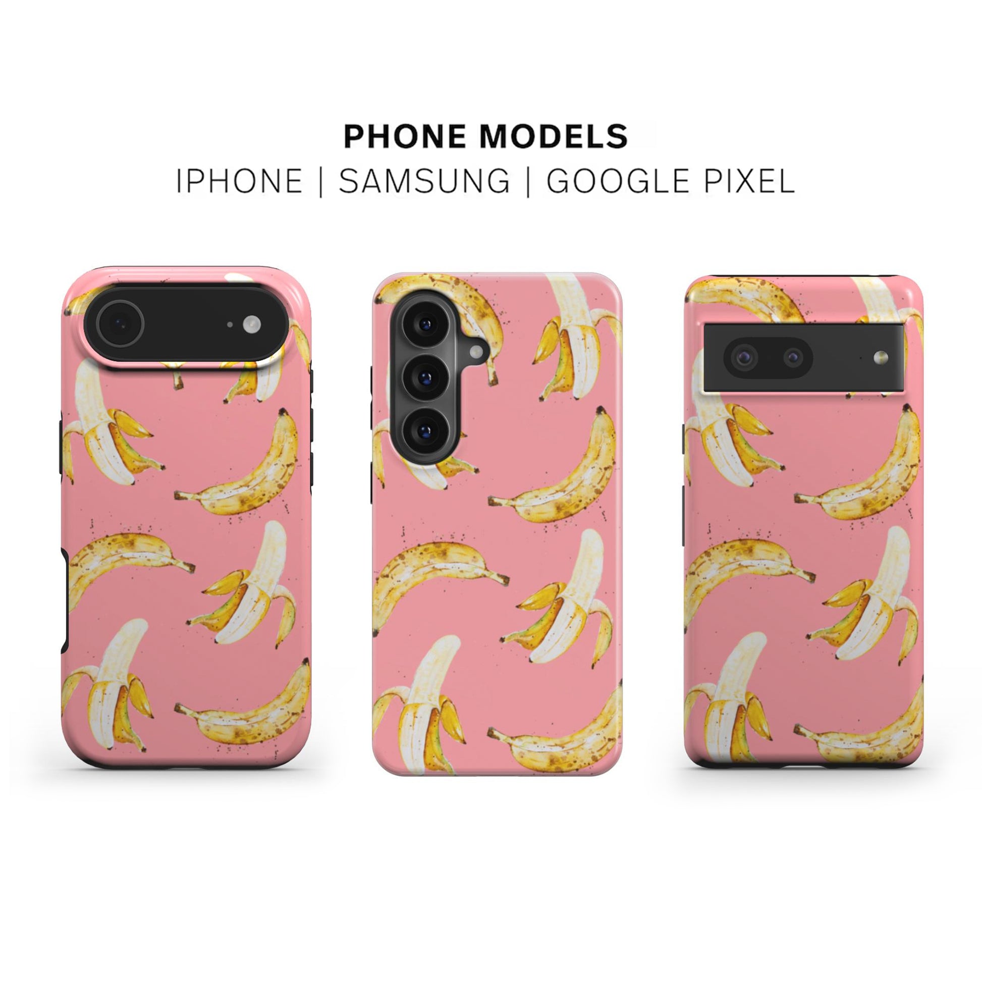 Phone case with banana pattern on a pink background for iPhone, Samsung, and Google Pixel models.