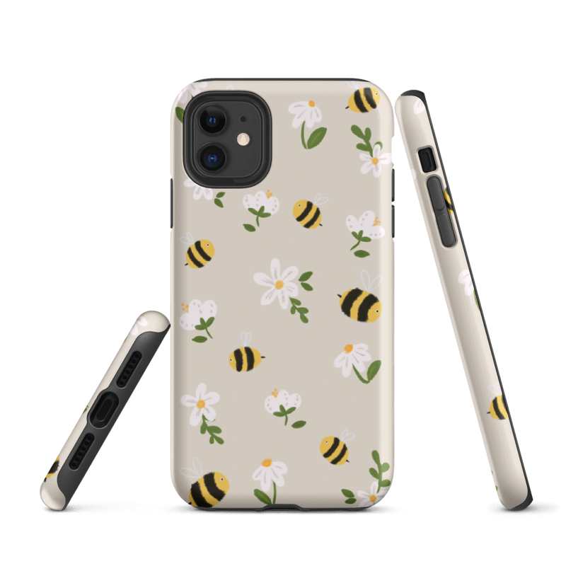 Tough Protective Bees phone case with pretty wrap-around print, glossy hard shell, and soft black TPU liner — stylish nature-inspired protection