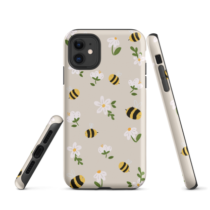 Tough Protective Bees phone case with pretty wrap-around print, glossy hard shell, and soft black TPU liner — stylish nature-inspired protection