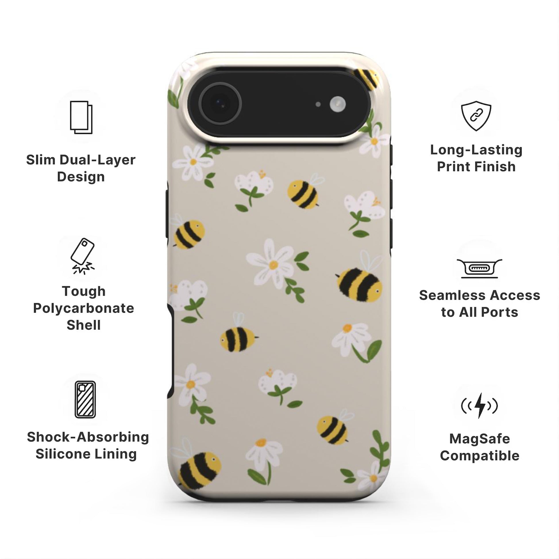 Bees Tough Phone Case showing features like dual-layer protection, Scratch-resistant print and easy access to all ports