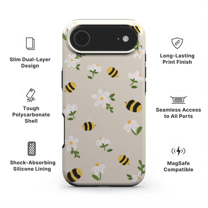 Bees Tough Phone Case showing features like dual-layer protection, Scratch-resistant print and easy access to all ports