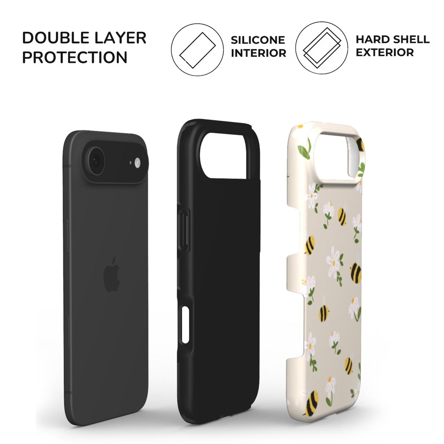 Bees Tough Phone Case with built in dual layer protective shell- hard glossy cover and soft TPU inner lining for extra protection