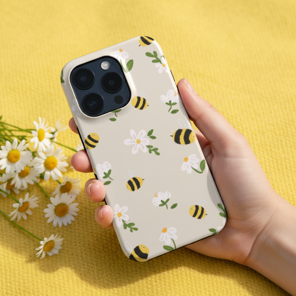 Phone case with bee and flower design held by a hand on a yellow background