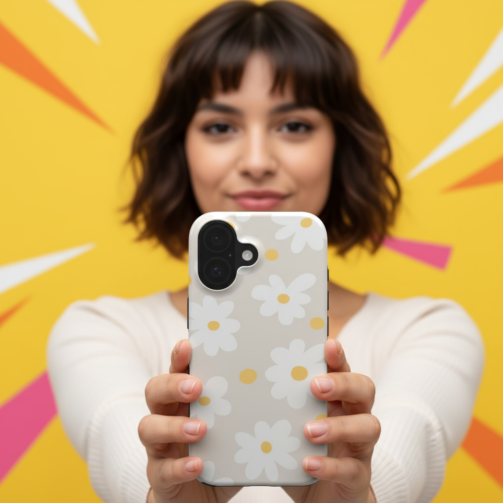 Woman holding a phone with a floral case against a colorful background— showcasing the elegant full-print design and everyday style that blends beauty with protection