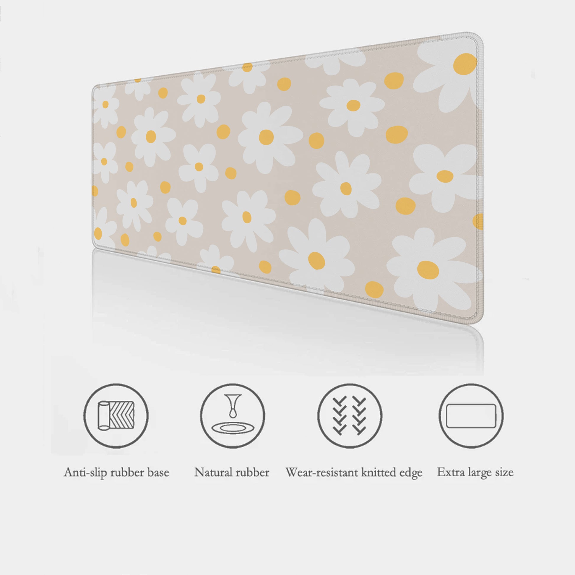 Beige Daisy Desk Mat highlighting the features - anti-slip rubber base, stitched edges and extra large sizes.