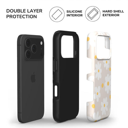 Beige Daisy Tough Phone Case build with hard glossy shell and soft TPU inner lining for extra protection