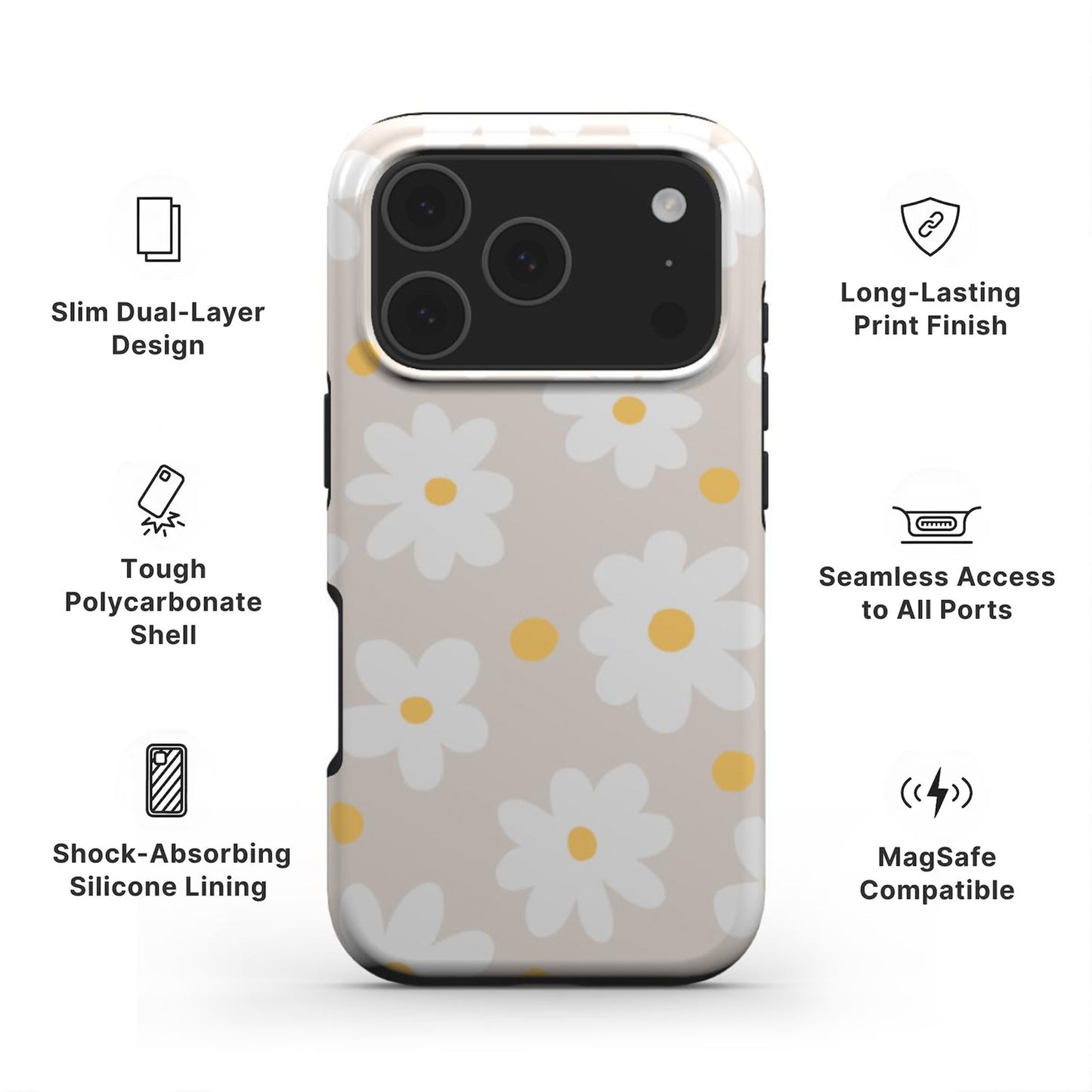 Beige Daisy Tough Phone Case showing features like dual-layer protection, Scratch-resistant print and easy access to all ports
