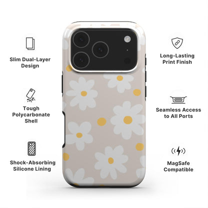 Beige Daisy Tough Phone Case showing features like dual-layer protection, Scratch-resistant print and easy access to all ports