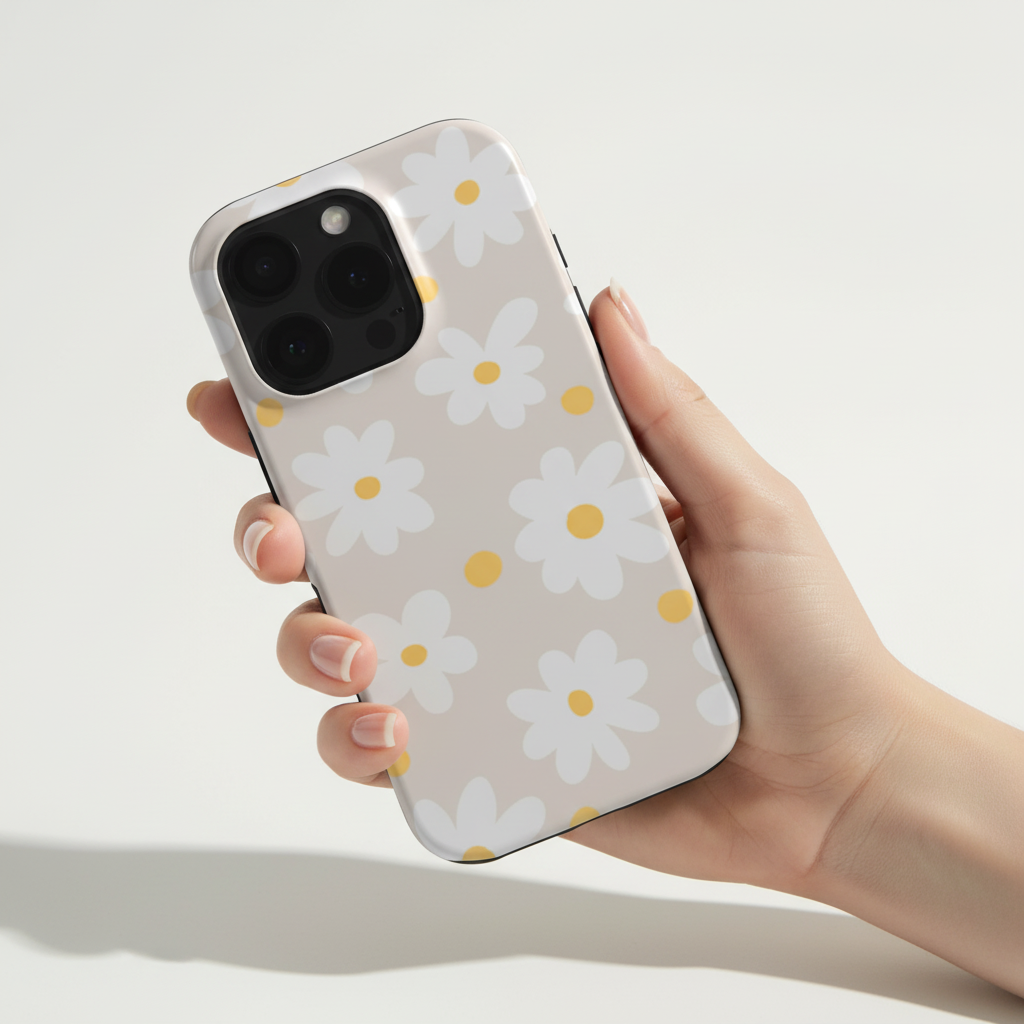 Hand holding a phone with Beige Daisy Tough Phone Case showing it in real life