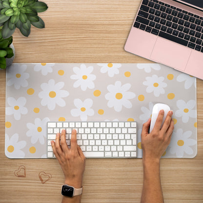 Large floral Desk mat with daisy flowers on a beige bacjground