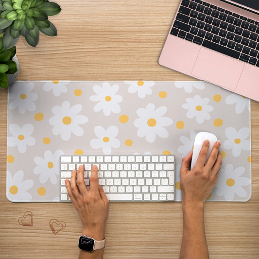 Large floral Desk mat with daisy flowers on a beige bacjground