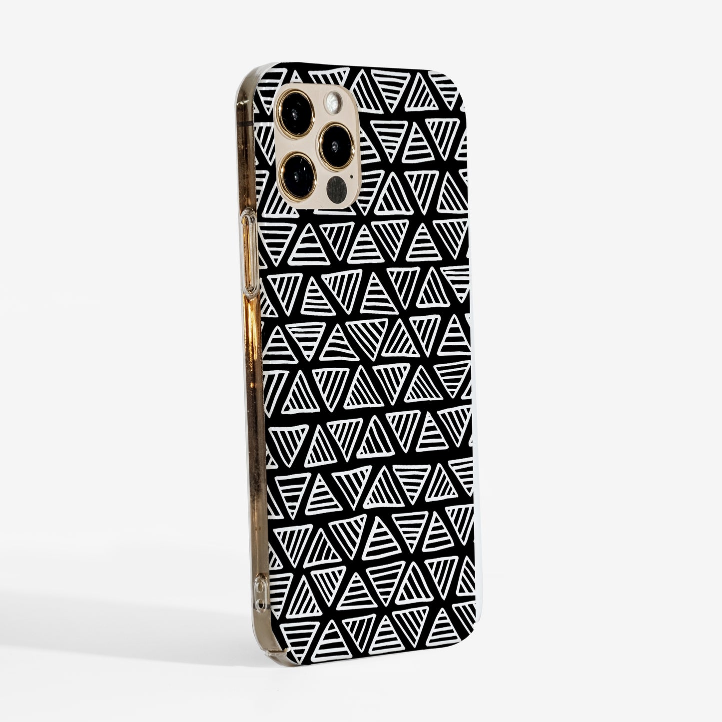Side view of Triangles Phone case with white triangle pattern on a black background and clear sides