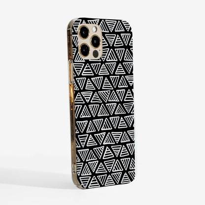 Side view of Triangles Phone case with white triangle pattern on a black background and clear sides