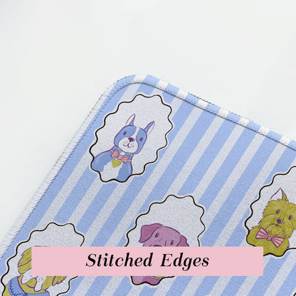 close up on blue dog desk mat corner stitching