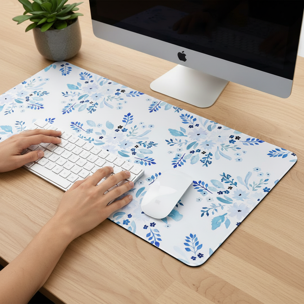 blue floral desk mat for an aesthetic desk setup that is both pretty and functional 