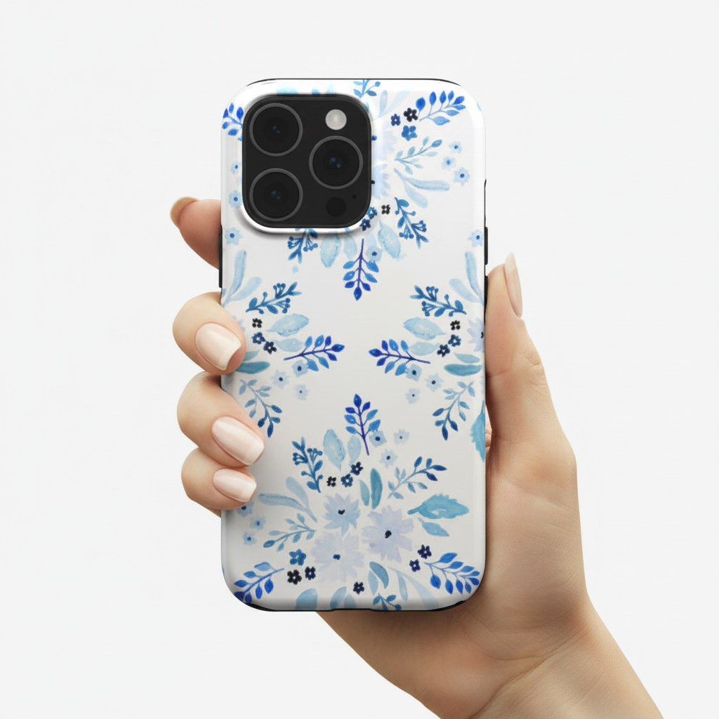 hand holding Blue Florals Tough Phone Case showing it real life