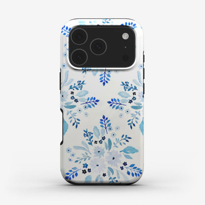 Blue Florals protective phone case with glossy blue watercolour flower print on a white background and full-wrap protection. A chic designer phone case for women with elegant art design