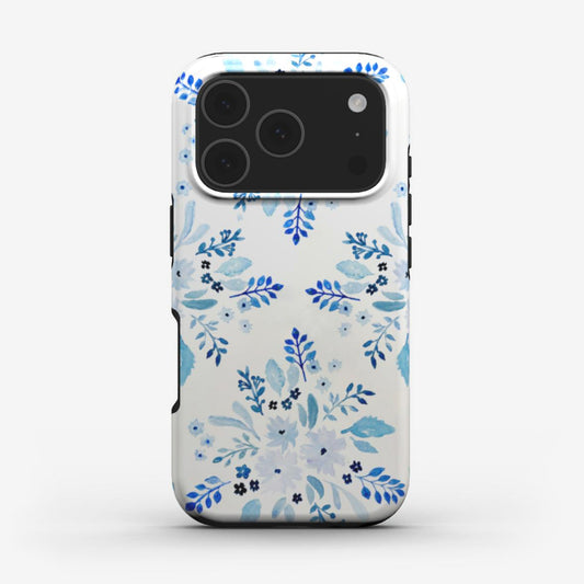 Blue Florals protective phone case with glossy blue watercolour flower print on a white background and full-wrap protection. A chic designer phone case for women with elegant art design