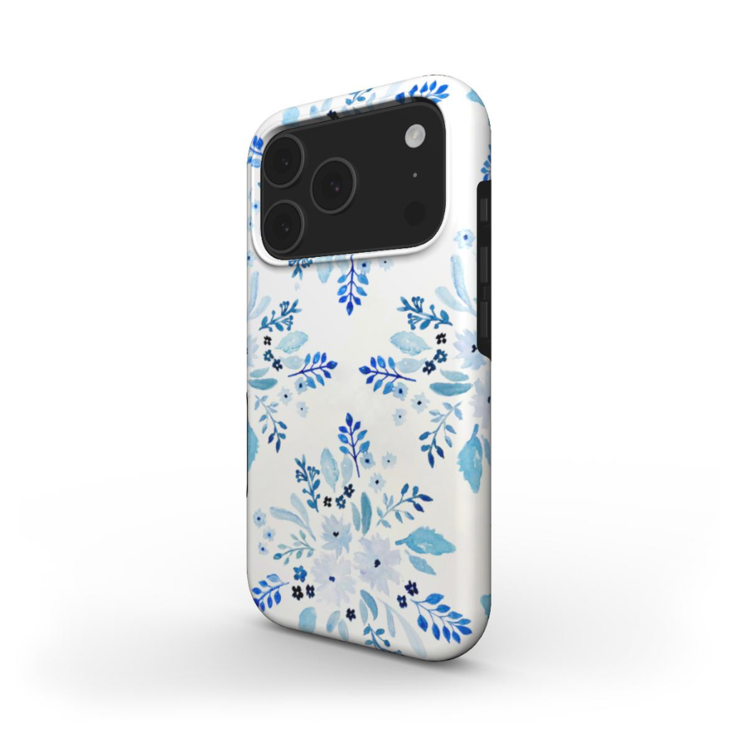 Side view of the Blue Florals Protective Case showing glossy edges and durable dual-layer protection.