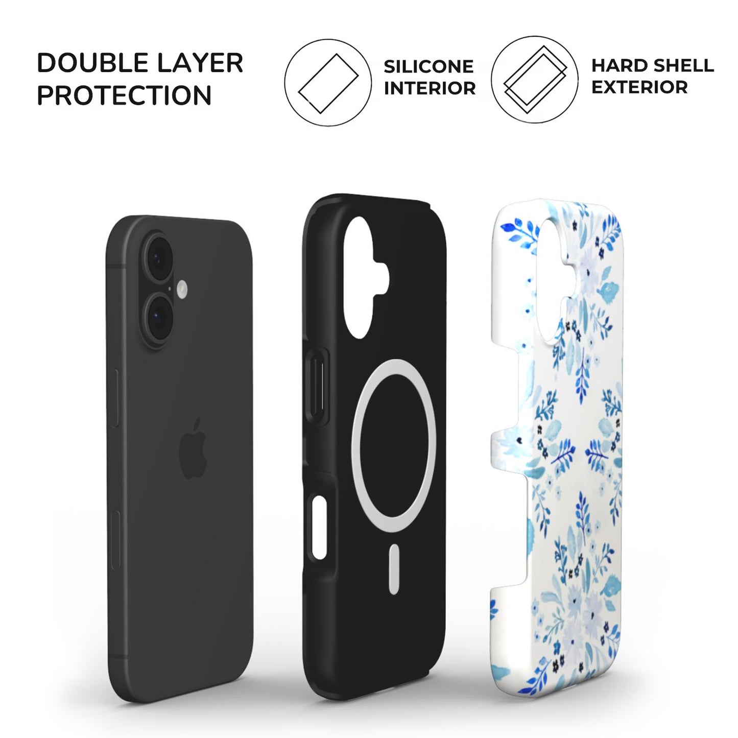 Blue Florals Tough Phone Case with build with hard glossy shell and soft TPU inner lining for extra protection
