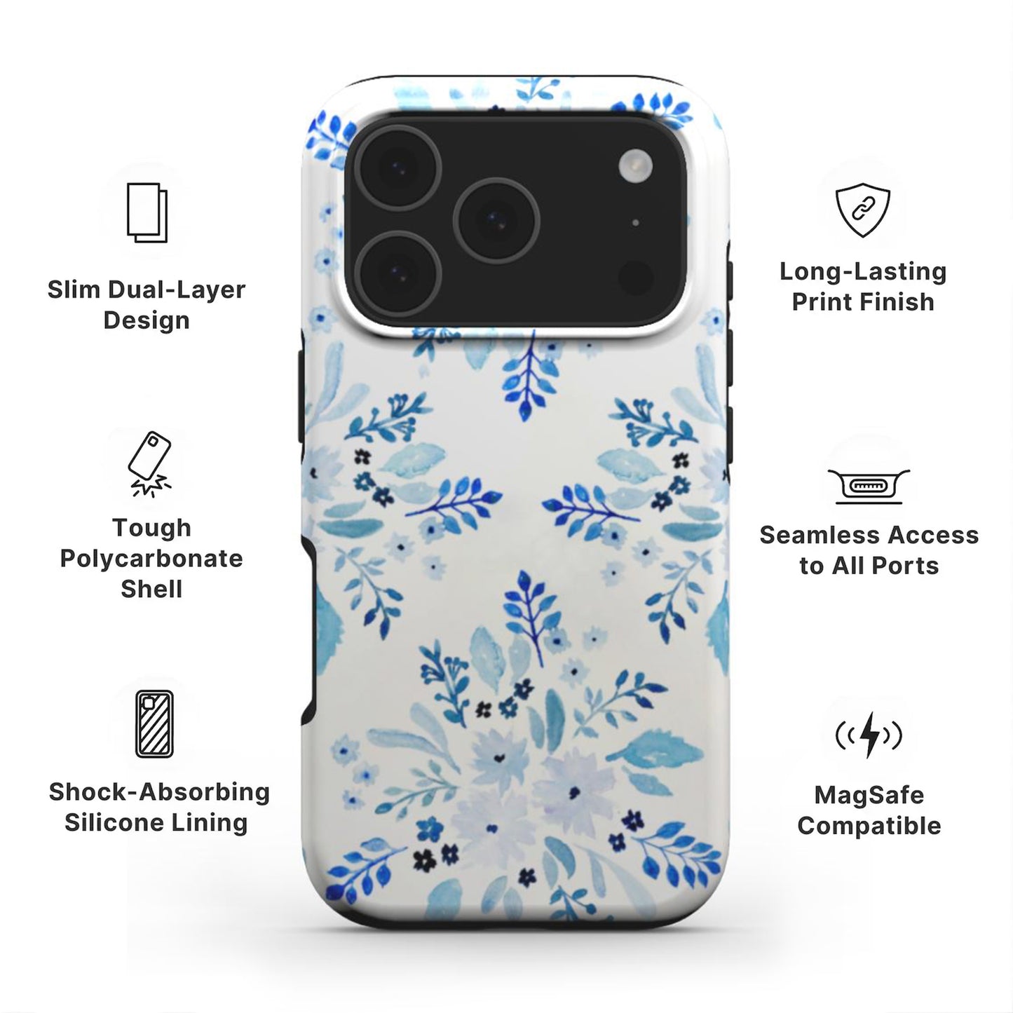 Blue Florals Tough Phone Case showing features like dual-layer protection, Scratch-resistant print and easy access to all ports