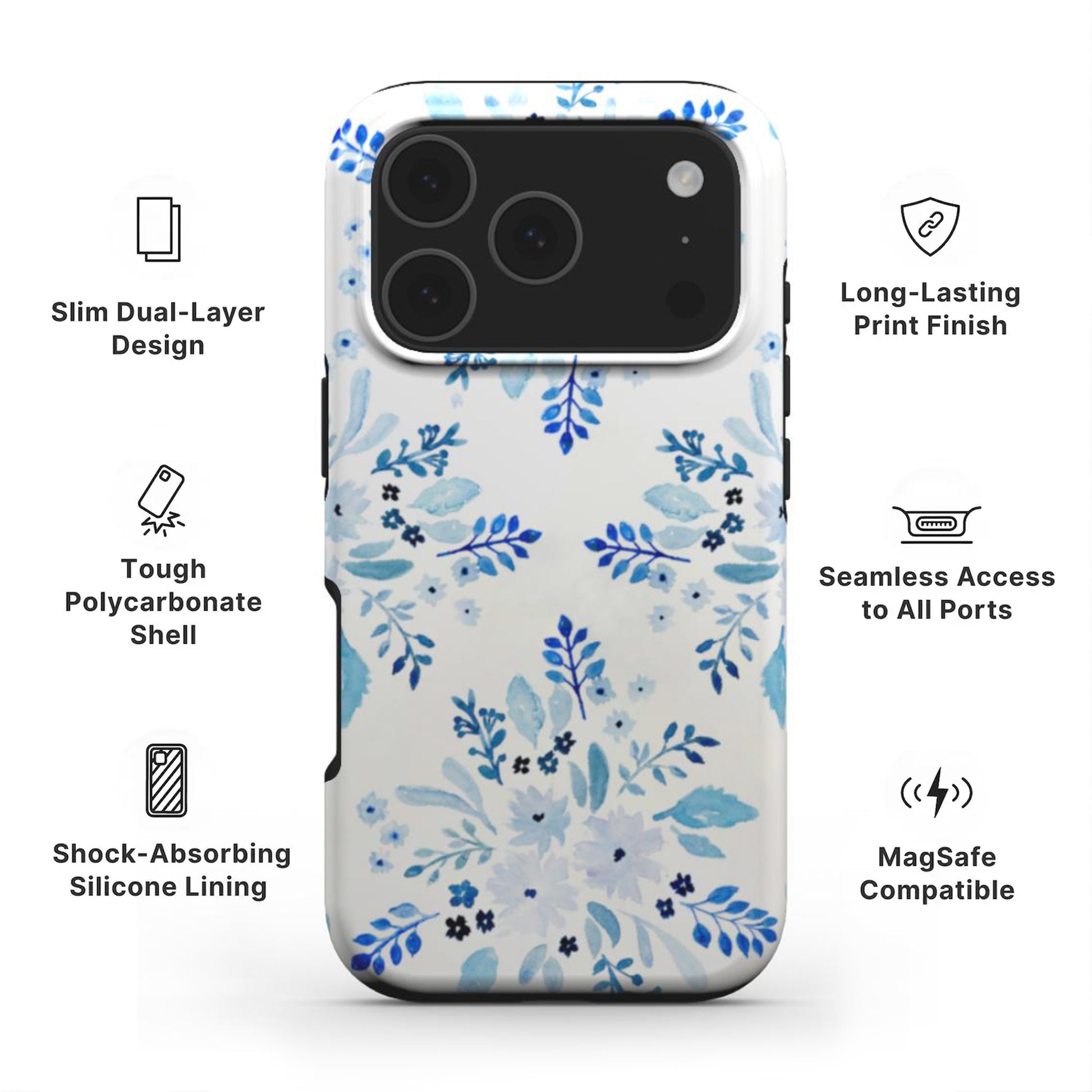Blue Florals Tough Phone Case showing features like dual-layer protection, Scratch-resistant print and easy access to all ports
