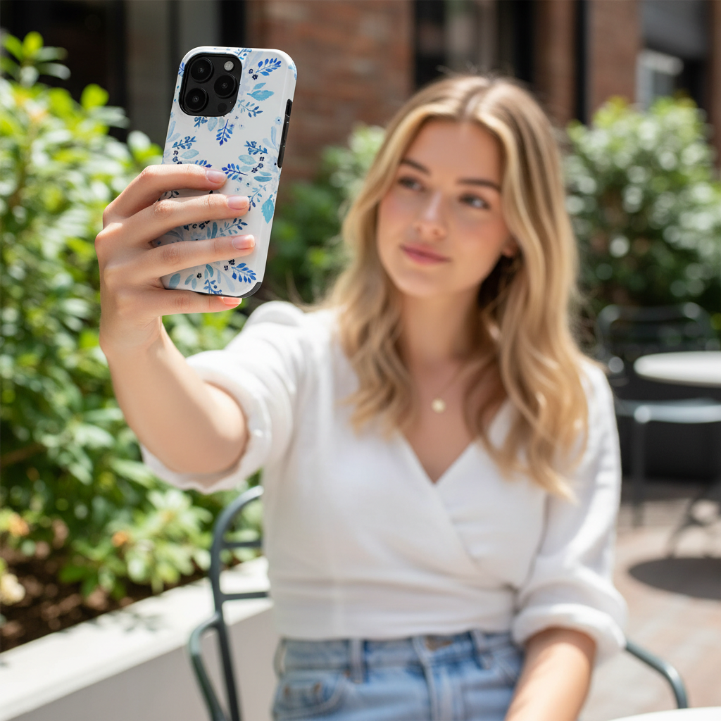 Woman taking a selfie with a phone protected in Blue Florals Tough Phone Case