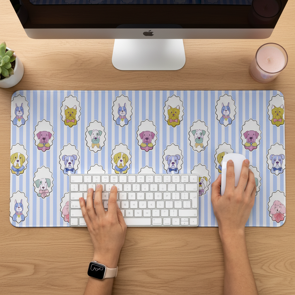 Blue dog desk mat with hand-illustrated dog portraits and soft pink ribbon details