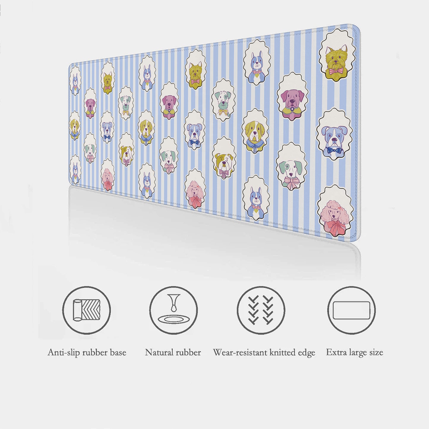 Close-up of blue dog desk mat with striped background and dog illustrations