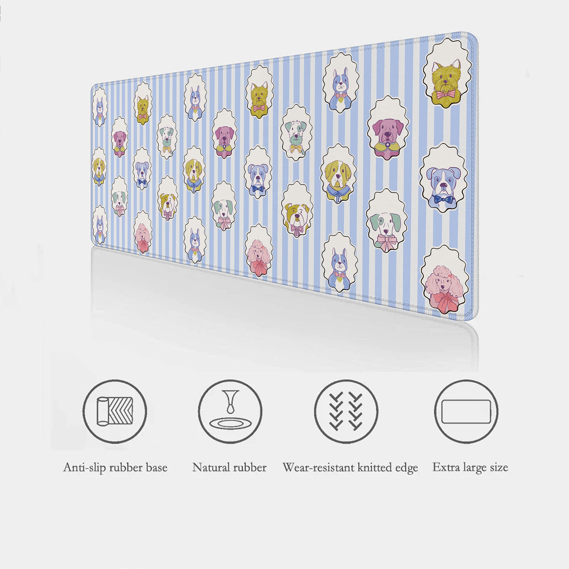 Close-up of blue dog desk mat with striped background and dog illustrations