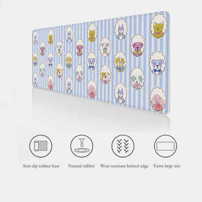 Close-up of blue dog desk mat with striped background and dog illustrations