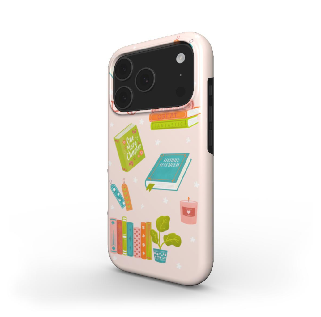 Side view of iPhone 17 Pro Book Lover tough case with cute book illustrations showing glossy wraparound printed edges and protective build.