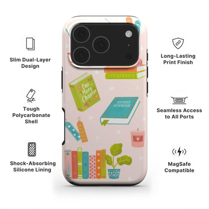 Book Lover Tough Phone Case showing features like dual layer protection, long-lasting print and easy access to all ports 