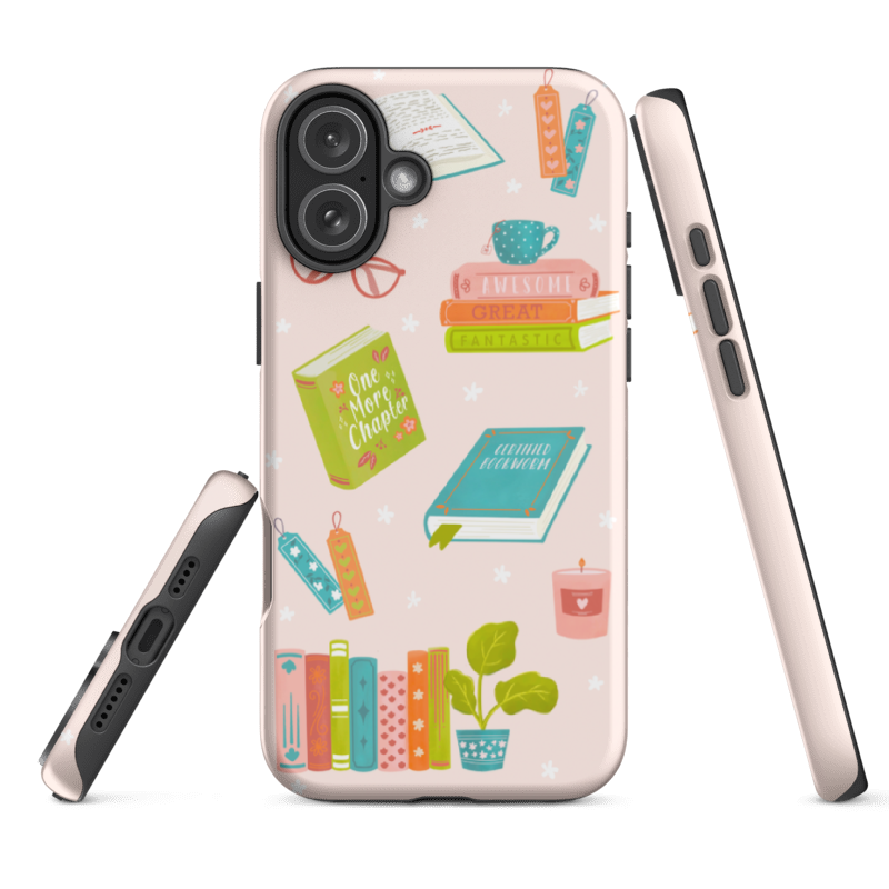 Cute tough iPhone 16e case with book lover themed artwork — dual-layer shell with black TPU and glossy printed cover. 