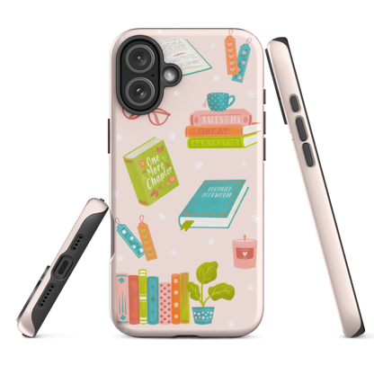 Cute tough iPhone 16e case with book lover themed artwork — dual-layer shell with black TPU and glossy printed cover. 