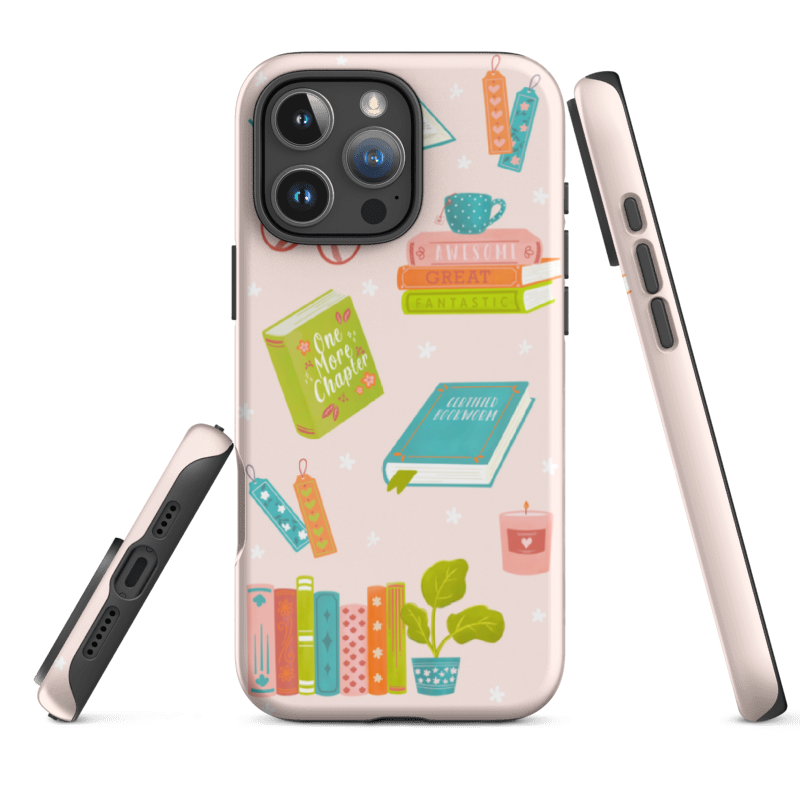Cute tough iPhone 15 case with cute book lover-themed design— dual-layer shell with black TPU and glossy printed cover. 