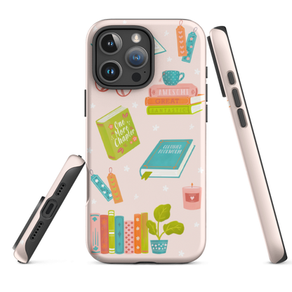 Cute tough iPhone 15 case with cute book lover-themed design— dual-layer shell with black TPU and glossy printed cover. 