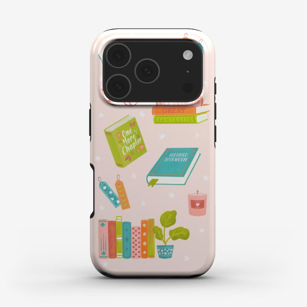  Book Lover phone case featuring watercolour books and reading-inspired artwork on a soft pink background with a glossy wraparound print finish. A cute protective iPhone and Samsung phone case for readers.