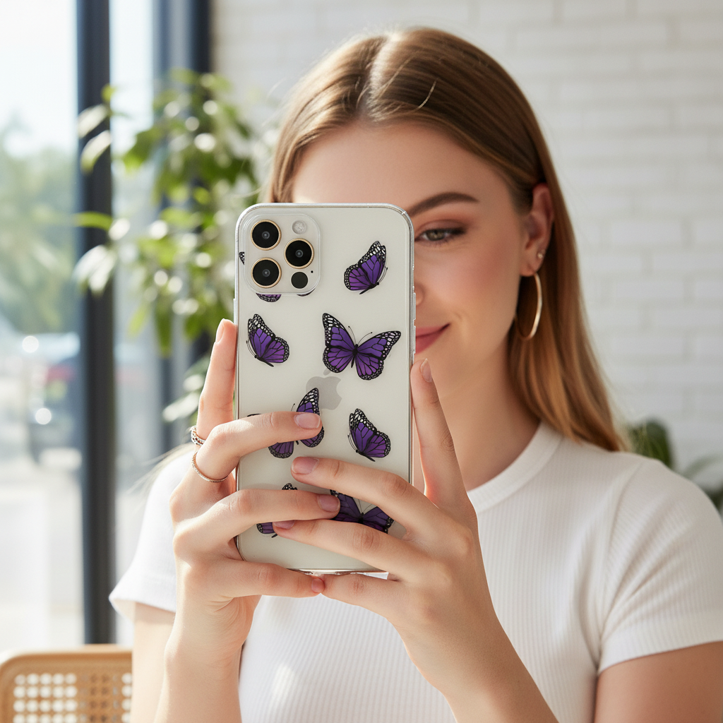 Woman holding a phone with a clear butterfly phone case