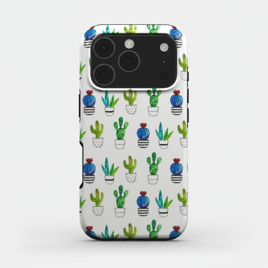Cactus phone case with watercolour cactus design on a white background and glossy print finish. 