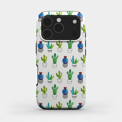 Cactus phone case with watercolour cactus design on a white background and glossy print finish. 