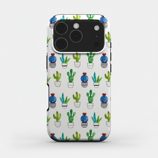 Cactus phone case with watercolour cactus design on a white background and glossy print finish. 