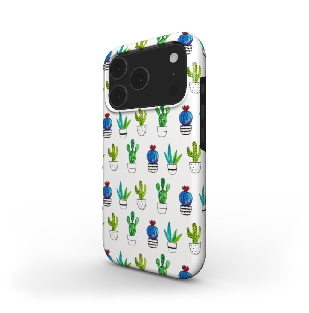 Phone case with cactus pattern on a white background with dual-layer protection and a glossy, wrap-around print. 