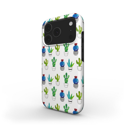 Phone case with cactus pattern on a white background with dual-layer protection and a glossy, wrap-around print. 