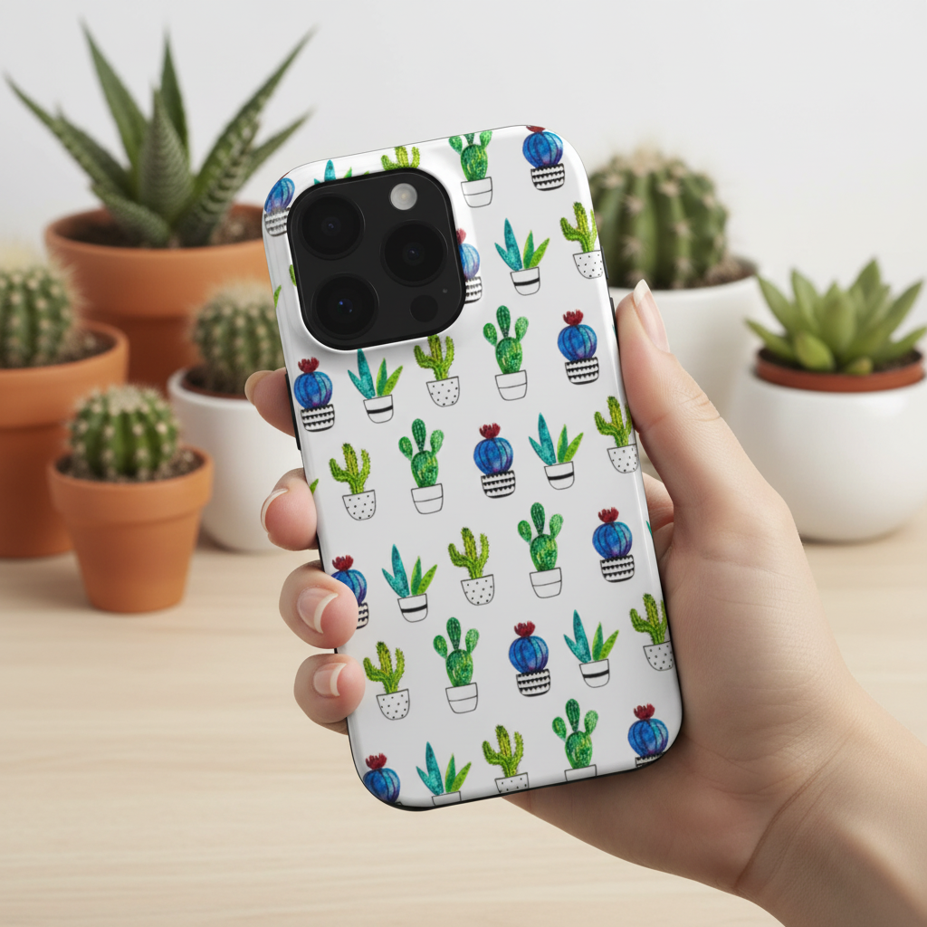 hand holding Cactus Tough Phone Case showing it in real life