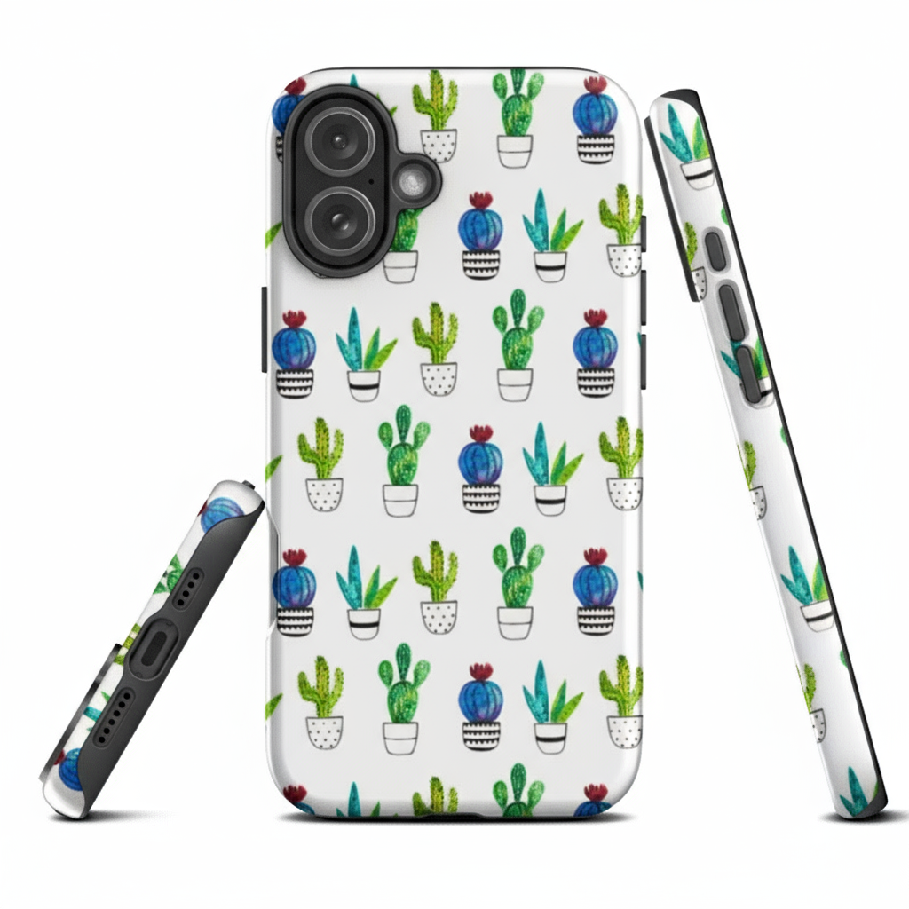 Cactus phone case with cute full-wrap watercolour cactus design, glossy finish,and dual-layer protection cover.