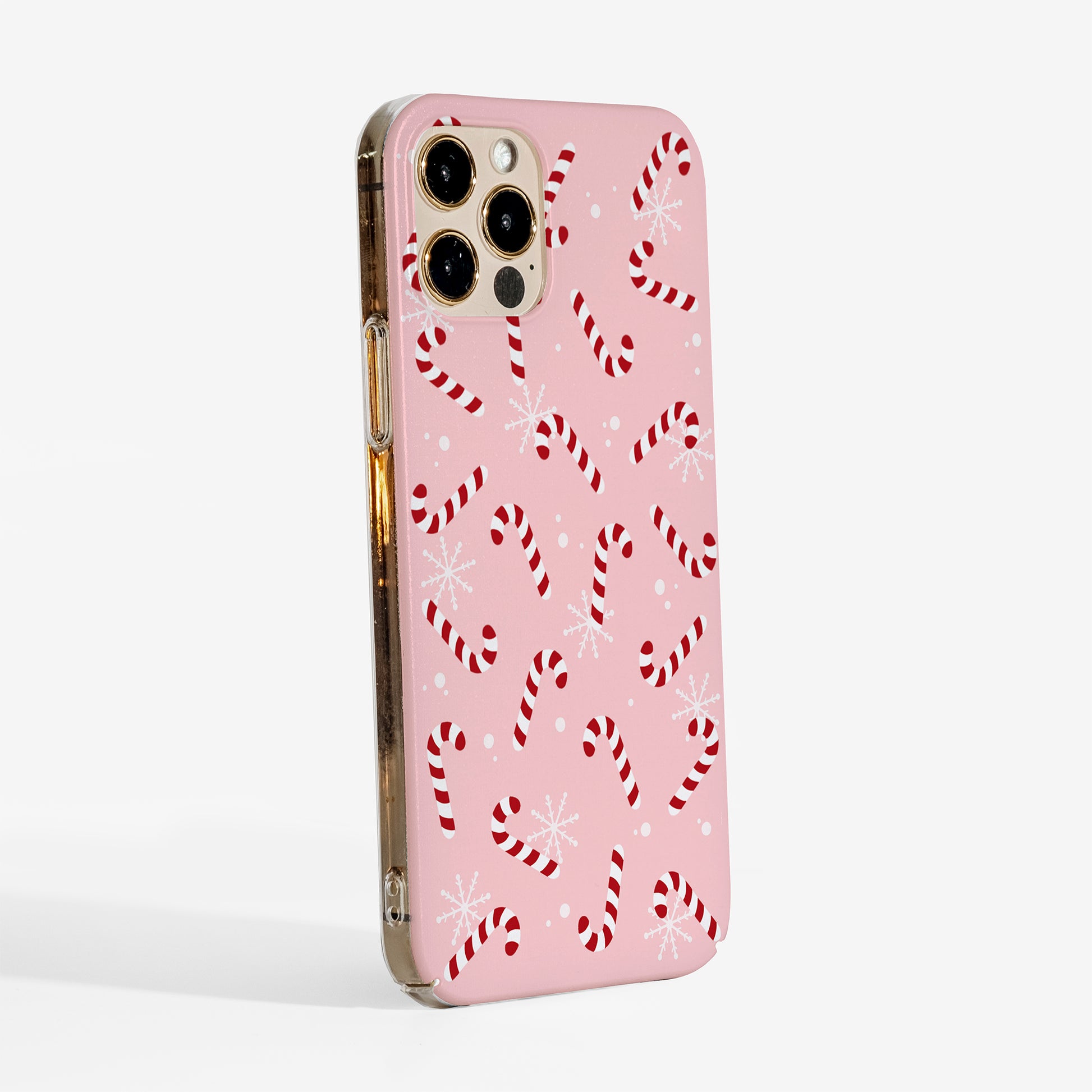 Side view of Candy Cane hard phone case showing transparent sides and smooth printed back for a sleek holiday look