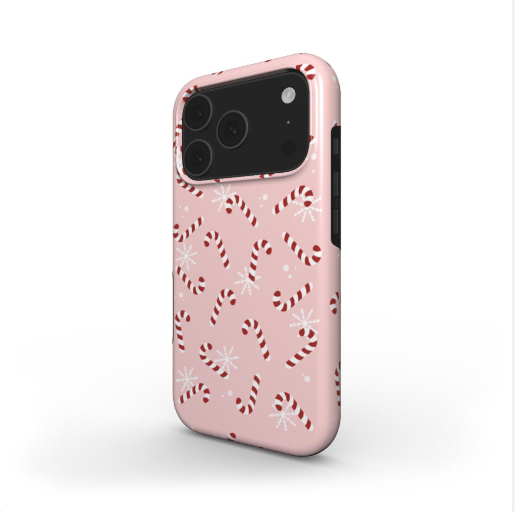 Protective and festive Phone case with candy cane and snowflake pattern on a soft pink background-perfect fit for iPhone, samsung and Google Pixel