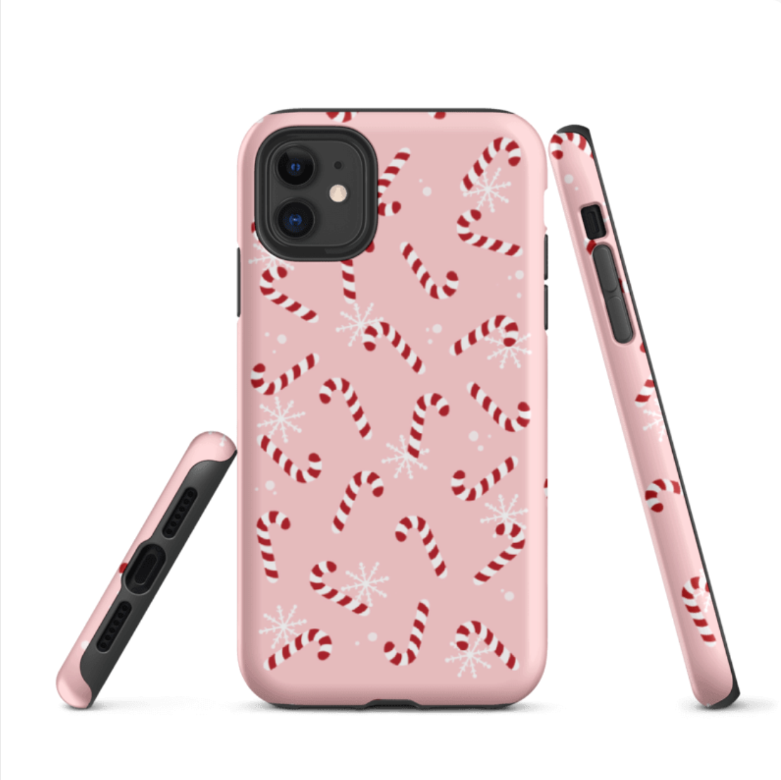 Example of iPhone 16 with the Candy Cane Phone Case, showing full wraparound print and dual-layer protective shell.